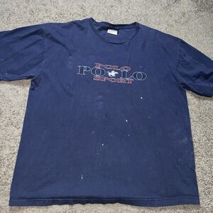 Vintage Polo Sport Ralph Lauren Men's T-Shirt Navy Blue Size XL Distressed